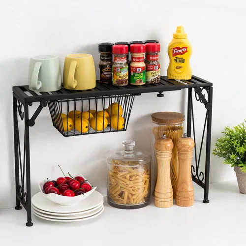 Vista 2 de MyGift Estante para colocar sobre el fregadero con cajón extraíble, estante extensible de metal negro para cocina sobre el fregadero, estante