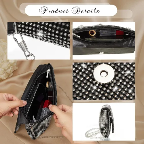 Vista 3 de Tessco Bolso de noche para mujer con purpurina para mujer, para noche, boda, fiesta, graduación, bolso de diamantes de imitación con cadena