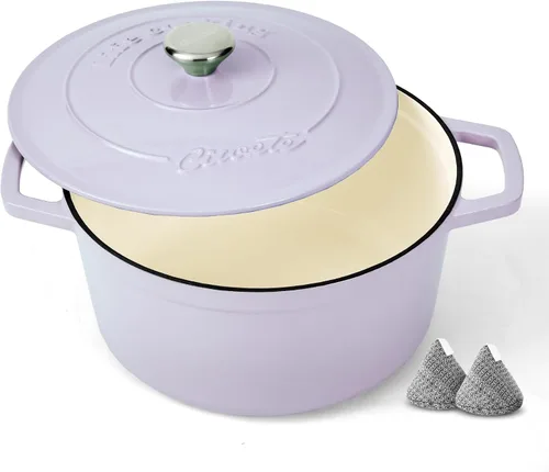 Vista 8 de Ciwete - Olla de horno holandés de hierro fundido esmaltado, 4.4 cuartos de Rosa claro
