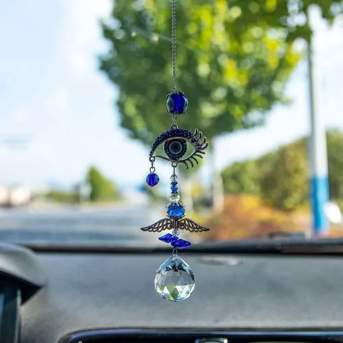 Vista 4 de Colgante de cristal azul con dije de ojo malvado, mariposa, ángel, girasol, talismán, atrapa el sol, hecho a mano, amuleto de buena suerte, oficina