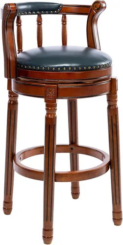 Vista 16 de RAINMOOD Juego de 2 taburetes de bar, taburete tapizado de cuero de grano completo, silla de bar negra con respaldo, patas de madera maciza