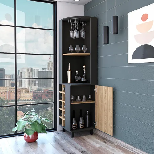 Vista 4 de FM FURNITURE Leah Armario esquinero para bar con 2 estantes abiertos, 2 estantes interiores, estante de vidrio y 10 cubos de vino, negro/pino