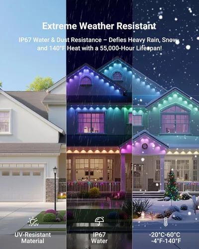 Vista 7 de Luces permanentes para exteriores, luces de Navidad RGBICWWPW de 100 pies con 72 LED triple, IP67 impermeable, 45 lm blanco sintonizable