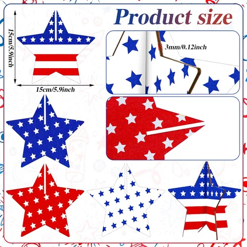 Vista 2 de Bucherry 4 juegos de centros de mesa patrióticos para el Día de los Caídos de madera, letreros de estrellas de madera, rojo, blanco, azul, 4