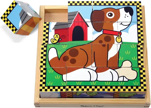 Vista 8 de Melissa & Doug Rompecabezas de mascotas en cubo de madera con bandeja de almacenamiento (16 piezas)