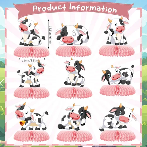 Vista 8 de 9 piezas de centro de mesa de nido de abeja de vaca rosa, animales de granja, vaca, nido de abeja rosa, fiesta temática de panal de abeja 3D