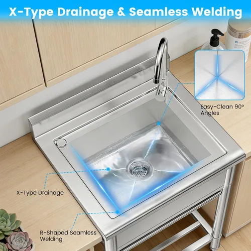 Vista 7 de Lafati Fregadero de acero inoxidable – Fregadero de cocina independiente de un solo tazón certificado NSF con agua fría y caliente para granja