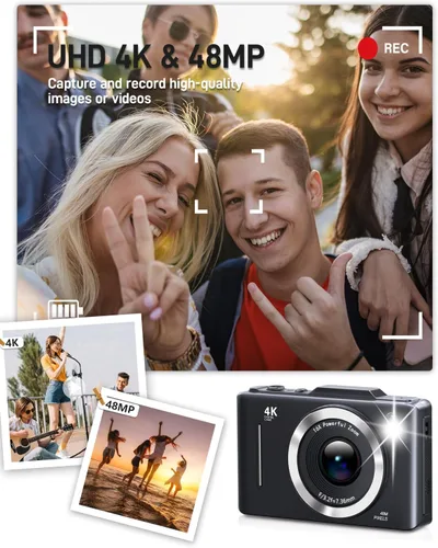 Vista 2 de Cámara Digital, FHD 1080P Cámara para Niños Digital con Zoom 16x Anti Vibración, Tarjeta de 32GB, 4K 48MP Cámaras Compactas Portátiles de Apuntar