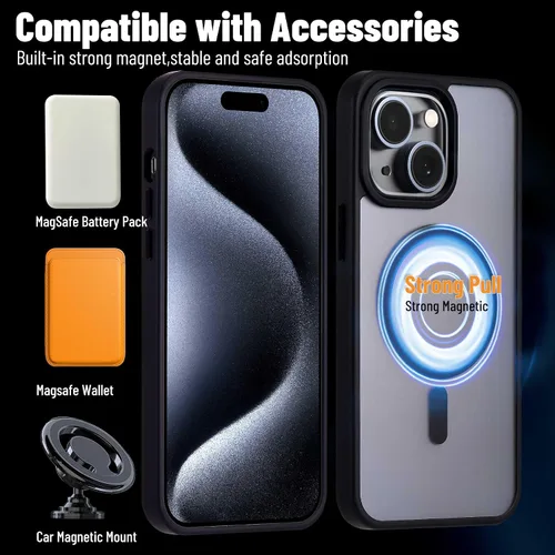 Vista 4 de Funda magnética para iPhone 15, fuerte protección contra caídas de grado militar con protector de pantalla, marco suave y parte trasera mate, a Negro