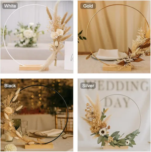 Vista 8 de Paquete de 10 aros florales con soporte de madera de 10 pulgadas, anillos de metal para centros de mesa de bricolaje, decoraciones de mesa