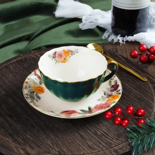Vista 3 de ONEUSTAR Juego de taza de té y platillo para 1 taza de té floral de porcelana de hueso con cuchara, taza de café de 8 onzas, taza de capuchino latte