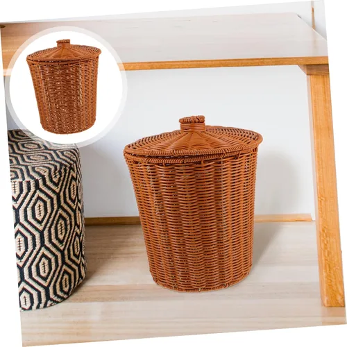 Vista 3 de YARNOW Cubo de basura de ratán con tapa de 9.2 x 9.2 x 11 pulgadas, cesta de plástico tejida para organización del hogar, cocina, baño, sala de estar