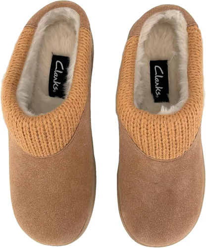 Vista 4 de Clarks Pantuflas de gamuza para mujer JMH2175 con cuello de punto, forro de piel sintética de felpa suave, pantuflas de casa para interiores