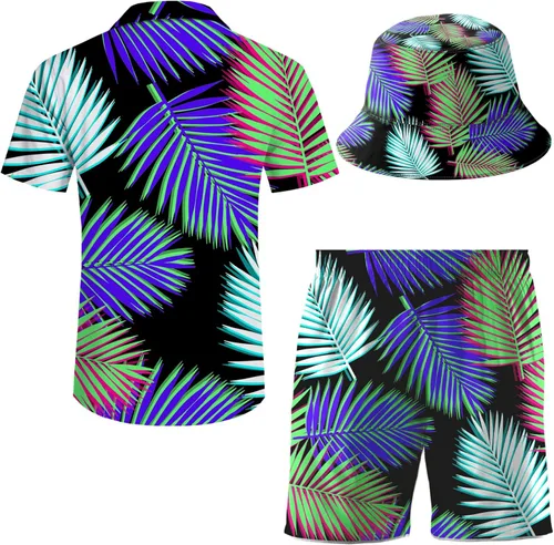 Vista 3 de ifamawlea Conjunto de 2 piezas para hombre, camisa hawaiana, pantalones cortos, camisa con botones y pantalones cortos con sombreros de pescador