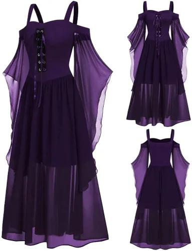 Vista 2 de Vestido punk gótico para mujer, hombros descubiertos, con cordones, manga de mariposa, Halloween, cosplay, fiesta, vestido largo