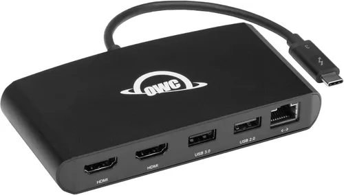 Vista 13 de OWC Thunderbolt mini Dock, Bus-Powered 5-Port Multi-Adapter with Dual 4K HDMI, Dual USB, Gigabit Ethernet, Integrated 7.2-inch TB Cable, for TB