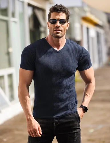 Vista 2 de COOFANDY Camisetas musculares elásticas de manga corta con cuello en V para hombre