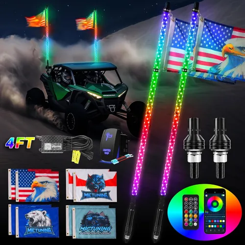 Vista 11 de MICTUNING 2PCS Luces LED Whip W1 de 3 pies con bandera y base de resorte, luces whip de persecución en espiral RGB+IC con APP, sincronización