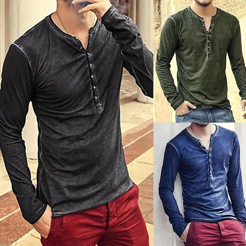 Vista 5 de Beefy - Camiseta de manga larga Henley con cuello en V y solapa frontal, estilo informal, entallada, básica