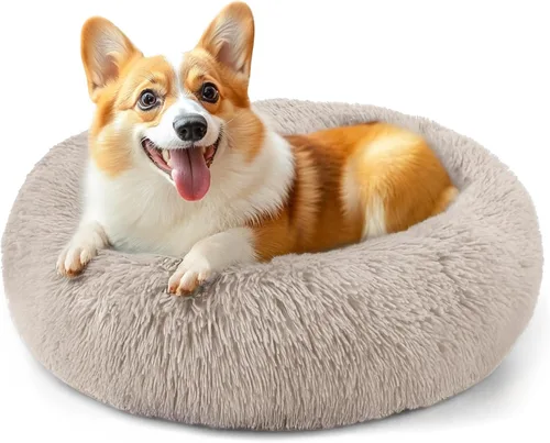 Vista 26 de Hoewina - Cama redonda, calmante, en forma de rosquilla, lavable, esponjosa para interiores, perros y gatos pequeños y medianos, negro, 20 pulgadas