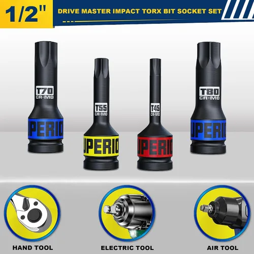 Vista 5 de Juego de 10 piezas de llaves de vaso Torx de impacto de 1/2 pulgada, T25 - T80, juego de llaves de vaso de puntas estrella de impacto, acero CR-MO