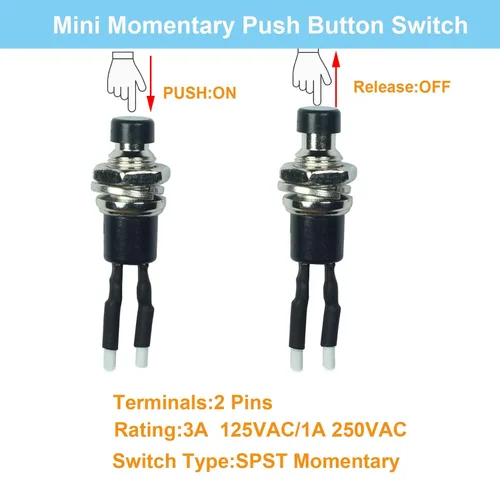 Vista 4 de Interruptores de botón mini redondos de 0.276 in, 1A y 250 VCA, 2 pines SPST ON Off Interruptor de botón momentáneo con cables pre-soldados