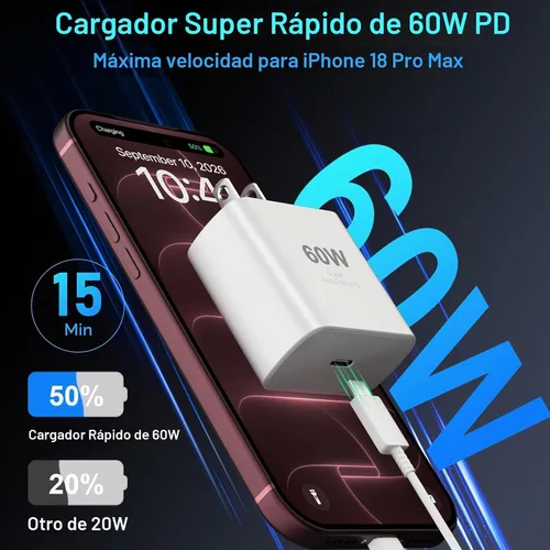 Vista 3 de Cargador para iPhone 18 Pro Max de carga rápida, 60 W iPhone Duo USB C Blanco