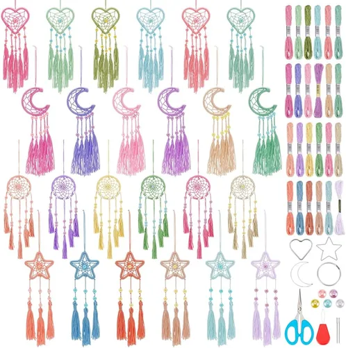 Vista 7 de INFUNLY 12 piezas Kit DIY de mini atrapasueños boho, kit de atrapasueños pequeños de color arcoíris para principiantes, atrapasueños hechos a mano