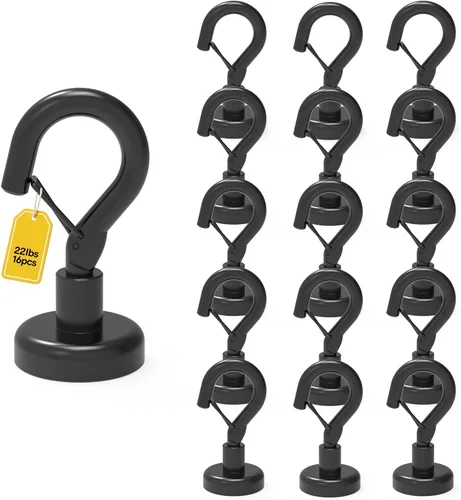 Vista 7 de Ant Mag Ganchos magnéticos negros resistentes con broche de presión de 22 libras, ganchos magnéticos fuertes, ideales para colgar en refrigerador