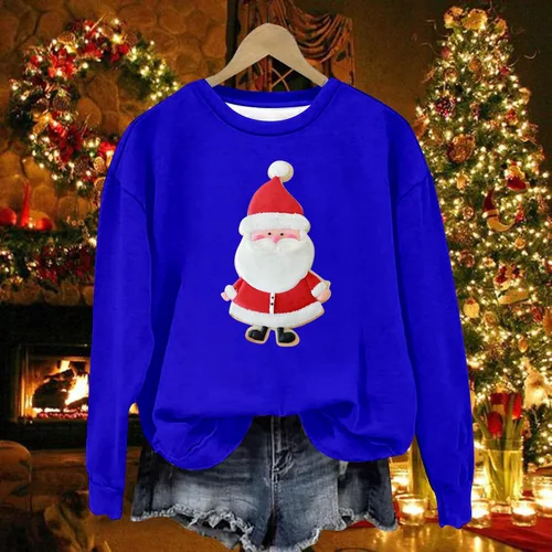 Vista 2 de Sudadera gráfica dibujos animados Santa para mujer, sudaderas cuello redondo, estampado 3D, mangas caídas, jersey