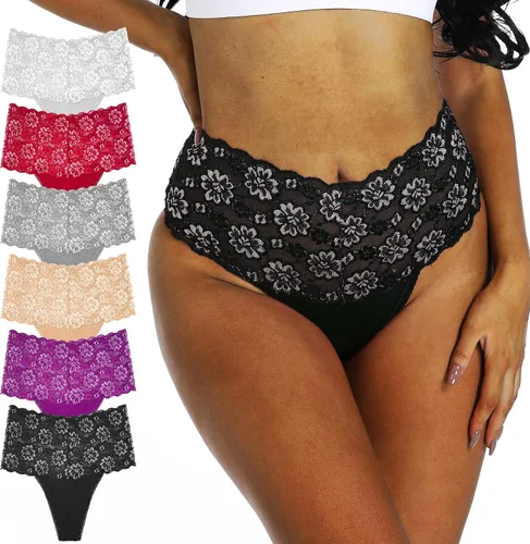 Vista 7 de Tanga de encaje retro de cintura alta para mujer, sin costuras, ropa interior de algodón de talla grande resistant long-lasting lace,tummy-control 1