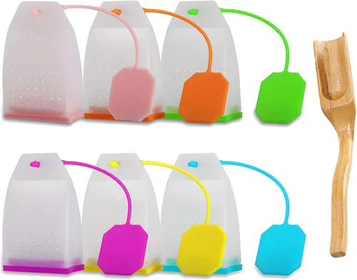 Vista 7 de Infusor de té de silicona, paquete de 4 bolsas de filtro de té de hojas sueltas con cuchara