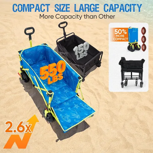 Vista 2 de Old Bahama Bay Carro de Playa Extra Largo de 300lbs 124 cm de Largo con Ruedas Grandes con Freno para Arena, Carro de Playa Plegable Utilitario