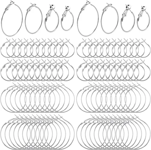 Vista 8 de PAGOW 96 aretes de aro para encontrar, 4 tamaños, oro y plata