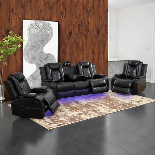 Vista 33 de Juego de sofá modular reclinable eléctrico con luz LED, juego de sofá modular reclinable de cuero, incluye sillón reclinable individual, juego