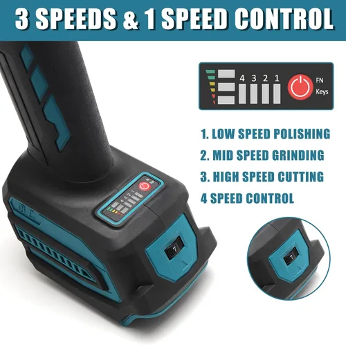 Vista 4 de Amoladora angular inalámbrica para batería Makita de 20 V, amoladora angular con motor sin escobillas de 3 velocidades ajustables a 7000 RPM, 3