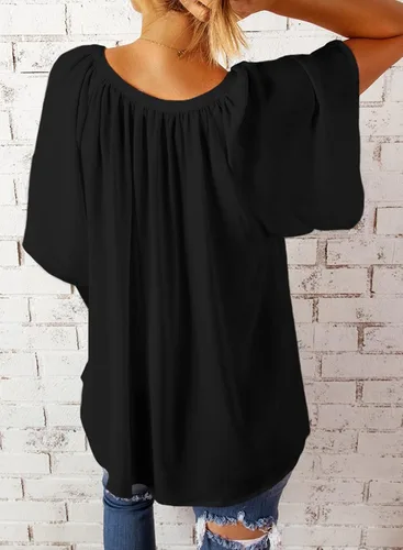 Vista 2 de SHEWIN Blusa casual de gasa con cuello en V para mujer, holgada, manga 34, plisada, holgada