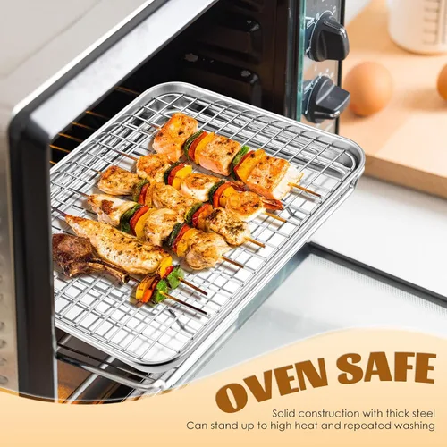 Vista 4 de E-far - Juego de bandejas para hornear para horno tostador, bandeja pequeña de acero inoxidable de 10.5 x 8.3 pulgadas con rejilla de alambre