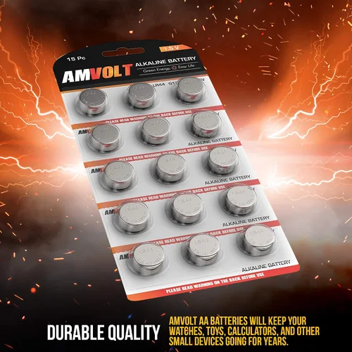 Vista 3 de AmVolt- Pack of 15 LR44 Batteries AG13 SR44 357 303 Premium Alkaline Non Rechargeable Button Battery, 1.5 Volt Small Batteries for Watches Clocks &