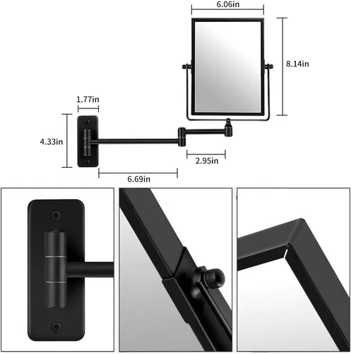 Vista 6 de QiMH Espejo de pared con aumento 3X, rectangular de 8 x 6 pulgadas con brazo extensible Espejo giratorio de doble cara para afeitado y tocador