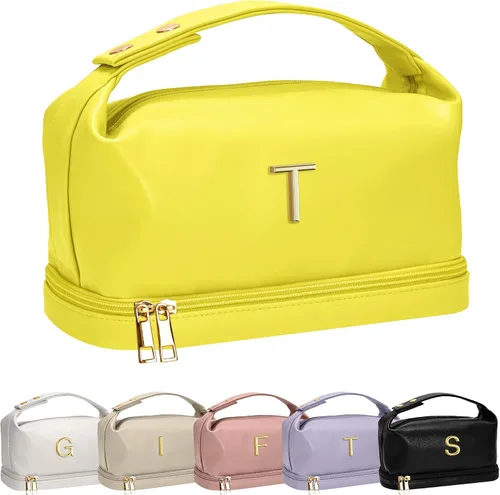 Vista 112 de Bolsa de maquillaje con asa, bolsa de cosméticos impermeable de doble capa, bolsas de maquillaje de cuero PU de gran capacidad con letra, bolsa