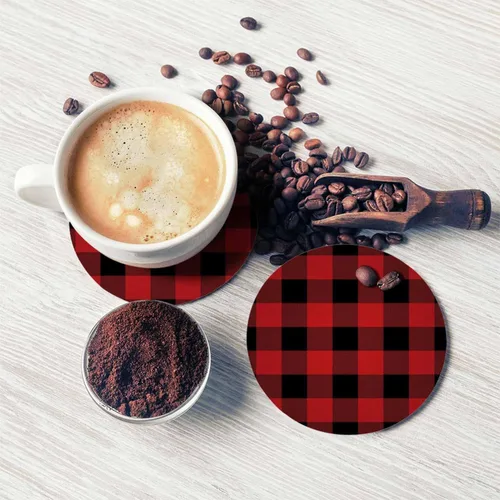 Vista 5 de Juego de 2 posavasos con diseño de cuadros para bebidas, diseño clásico de búfalo negro y rojo, protección de mesa de cocina y mesa auxiliar, juego