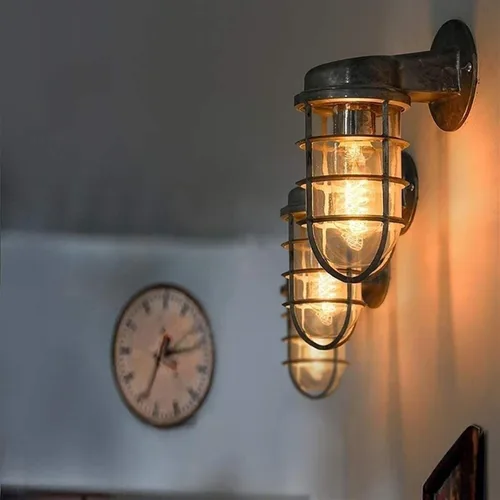 Vista 2 de WJJHERRH Creative Wrought Iron Glass Wall Lamp Retro Metal Cage Industrial Style Nautical for Bar Bedroom (Silver)