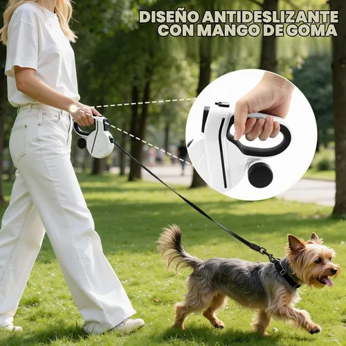 Vista 7 de Correa retráctil para perro con luz LED y cinta reflectante para paseo nocturno, correa de perro de 16 pies con dispensador de bolsas