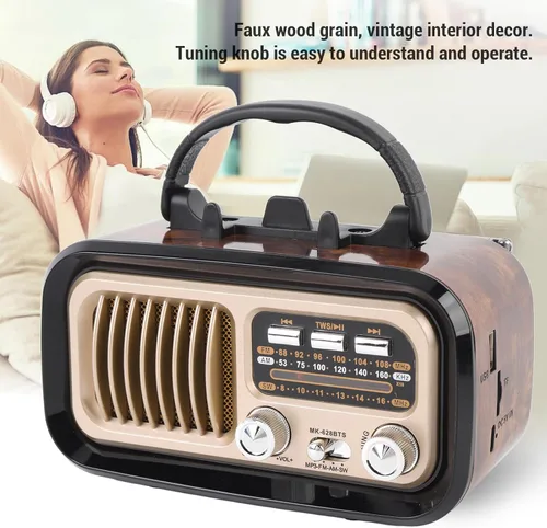Vista 6 de Radio retro AM FM SW Bluetooth, radios de transistor vintage portátiles con altavoz y antena retráctil, TWS, solar/funciona con batería/recargable