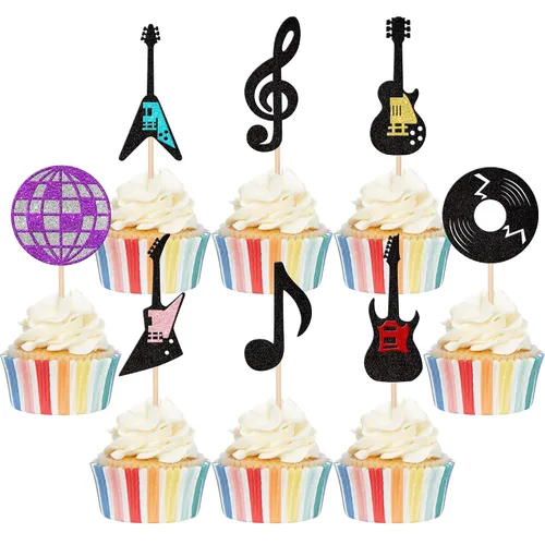 Vista 10 de 24 piezas de decoración de cupcakes de reina bailarina con brillantina, bola de discoteca, notas musicales, cantante, baile, cupcakes, temática