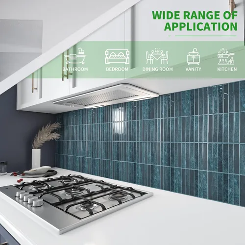 Vista 2 de LONGKING 10 hojas azules de despegar y pegar para pared de cocina, azulejos de pared contra salpicaduras de cocina, azulejos impermeables para baño