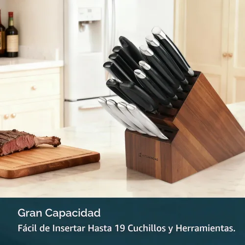 Vista 2 de KITCHENDAO Bloque de cuchillos de madera de acacia de 20 ranuras sin cuchillos, soporte universal para cuchillos de cocina, sostiene múltiples tipos