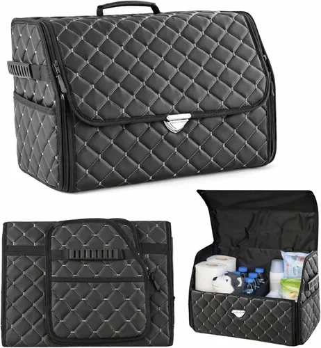Vista 9 de Organizador de maletero de cuero con tapa para SUV y más, organizador de coche plegable, organizadores de coche y almacenamiento con bolsillos