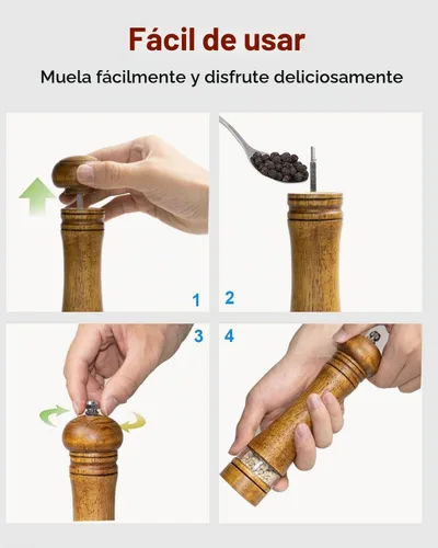 Vista 4 de Molinillo de sal de madera de 6 pulgadas, molinillo de pimienta manual recargable, grosor ajustable, molinillo de sal y pimienta, fácil de limpiar